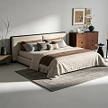 Modern Double Bed With Neutral Tones Pillows Bedspread Nightstand Wall Art And Rug