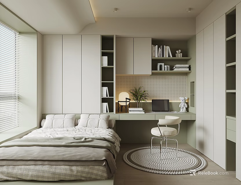 Tatami Bedroom Modern Minimalist Interior With Bed Bookshelves Desk Chair And Round Rug 3d model 