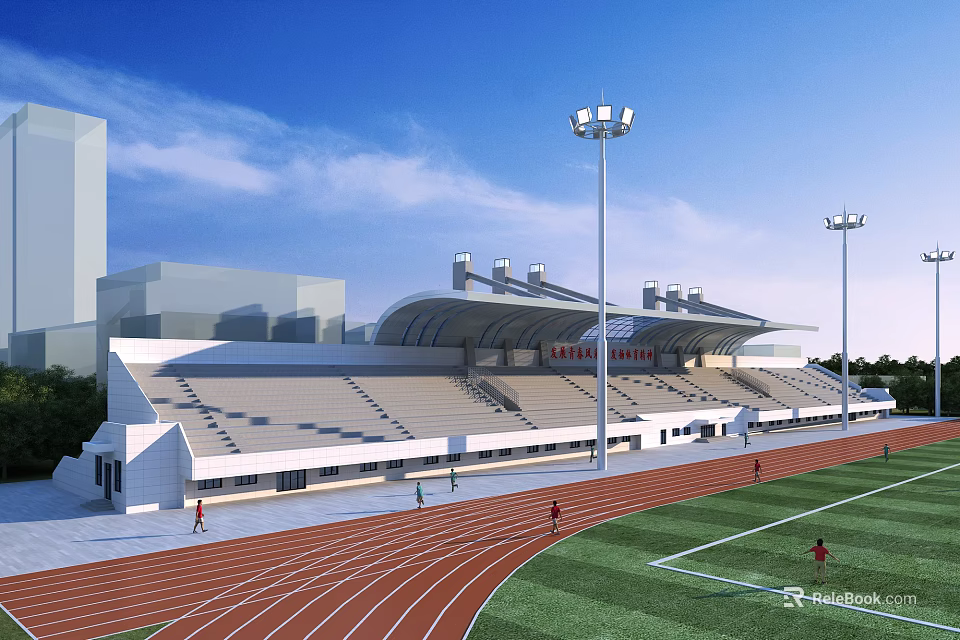 Modern Stadium With Red Running Track Green Lawn Grandstands And Floodlights 3d model 