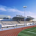 Modern Stadium With Red Running Track Green Lawn Grandstands And Floodlights