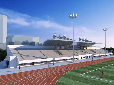 Modern Stadium With Red Running Track Green Lawn Grandstands And Floodlights 3d model