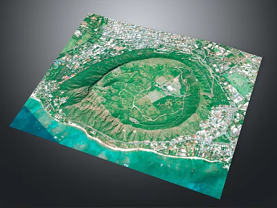 Aerial View Of Circular Green Natural Landscape Surrounded By Mountains And Coastal Residential Areas 3d model