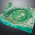 Aerial View Of Circular Green Natural Landscape Surrounded By Mountains And Coastal Residential Areas