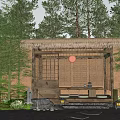 Courtyard Garden Featuring Thatch Roof Wooden Structure Bamboo Lattice Hanging Lantern Stone Path And Greenery