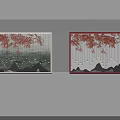 Two Window Displays With Red Hanging Branches And Mountain Pattern Design 3d model