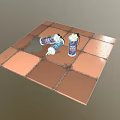 Two Tipped Over Spray Cans On Copper Tiled Floor With Liquid Spill