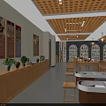 School Cafeteria Interior With Long Tables Stools Wooden Ceiling Pendant Lights And Green Plant