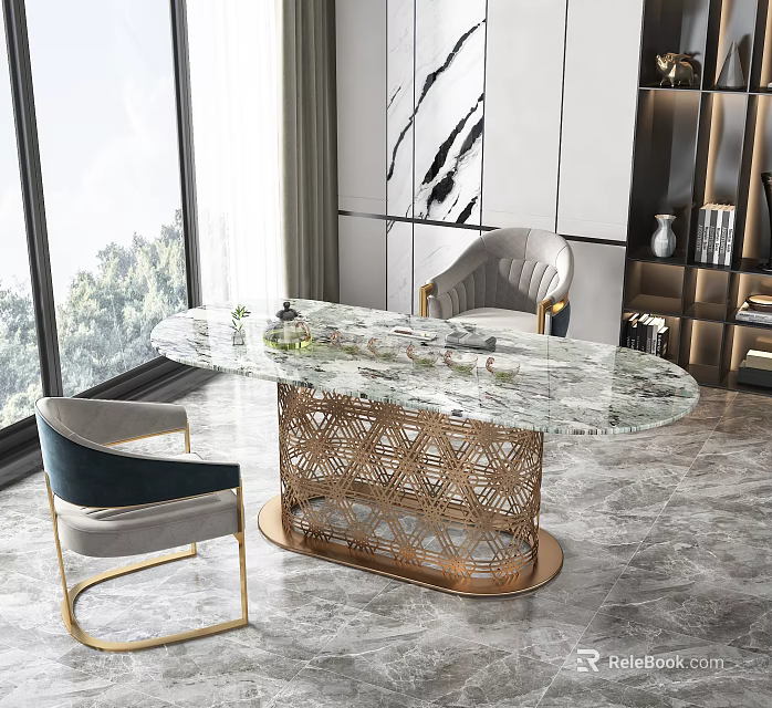 Modern Tea Table With Marble Top Golden Woven Legs And Gray Chairs By Large Windows 3d model 
