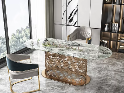 Modern Tea Table With Marble Top Golden Woven Legs And Gray Chairs By Large Windows 3d model