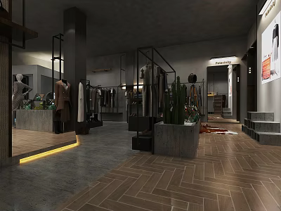 Modern Clothing Store Interior Design With Mannequins Clothing Racks Green Plants And Tile Flooring 3d model