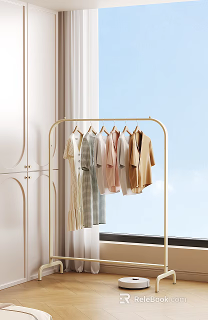 Stylish Clothes Hanging On Golden Rack With Bright Window And White Cabinet 3d model 