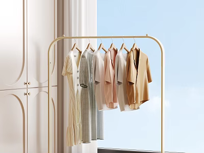 Stylish Clothes Hanging On Golden Rack With Bright Window And White Cabinet 3d model