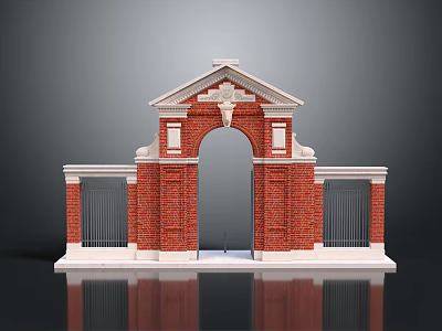 Red Brick Arched Entrance Gate Featuring White Trim Iron Side Gates and Pediment Design 3d model