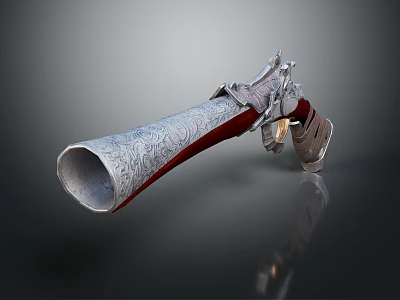 Ornate Engraved Revolver Featuring Long Barrel And Red Grip Design Elements 3d model