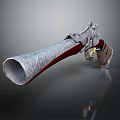Ornate Engraved Revolver Featuring Long Barrel And Red Grip Design Elements