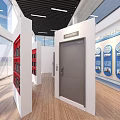 Modern Exhibition Hall Interior With Gray Door White Display Shelves Red Items And Blue Boards