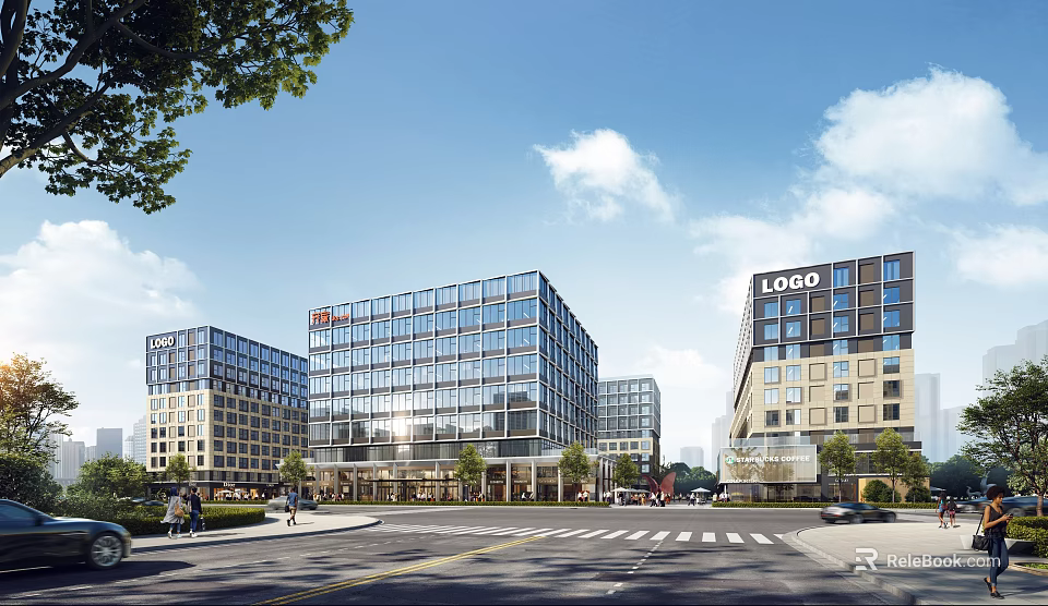 Modern Office Buildings With Glass Facades In Urban Street Scene 3d model 