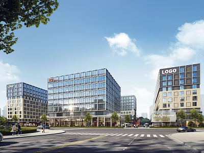 Modern Office Buildings With Glass Facades In Urban Street Scene 3d model