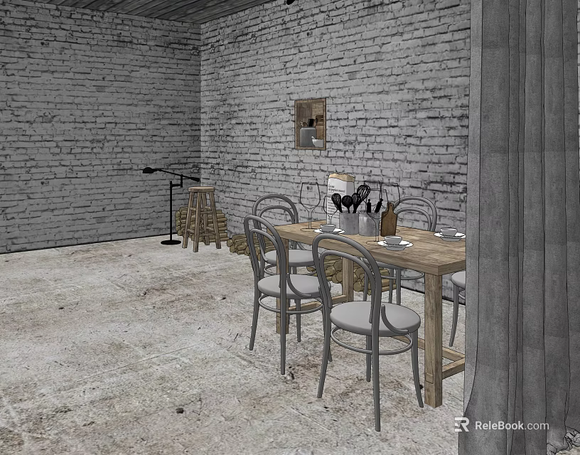 Rustic Wooden Dining Table Set With Chairs Brick Wall And Floor Lamp 3d model 