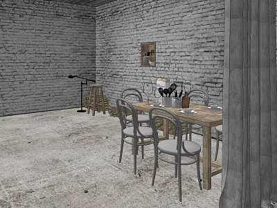 Rustic Wooden Dining Table Set With Chairs Brick Wall And Floor Lamp 3d model