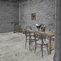 Rustic Wooden Dining Table Set With Chairs Brick Wall And Floor Lamp