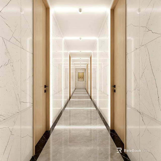 Modern Elevator Hallway With Marble Walls And Wooden Frames 3d model 