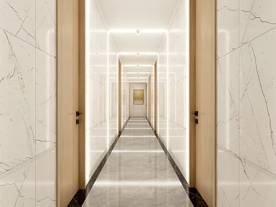 Modern Elevator Hallway With Marble Walls And Wooden Frames 3d model