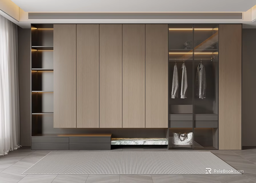 Sleek Modern Wardrobe Design With Wooden Panels Glass Doors And Hanging Clothes 3d model 
