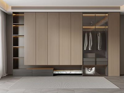 Sleek Modern Wardrobe Design With Wooden Panels Glass Doors And Hanging Clothes 3d model