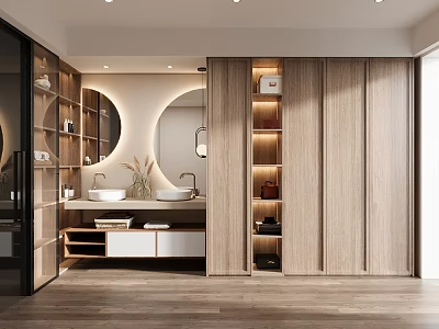 Modern Bathroom Vanity Cabinet With Double Sink Circular Mirror Wooden Shelves And Recessed Lighting 3d model