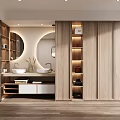 Modern Bathroom Vanity Cabinet With Double Sink Circular Mirror Wooden Shelves And Recessed Lighting