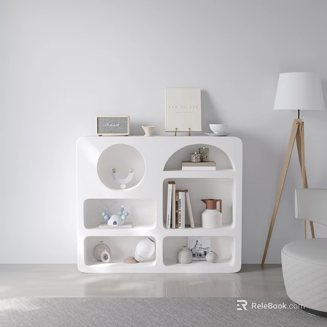 White Modern Bookcase With Geometric Shelves Holding Books And Decorative Items 3d model 