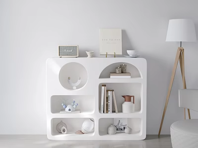 White Modern Bookcase With Geometric Shelves Holding Books And Decorative Items 3d model