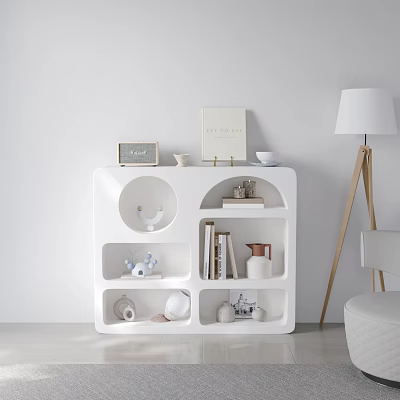 White Modern Bookcase With Geometric Shelves Holding Books And Decorative Items 3d model
