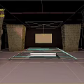 Industrial Rock Wall Interior With Pink Floor Metal Platform Front Screen And Ceiling Design