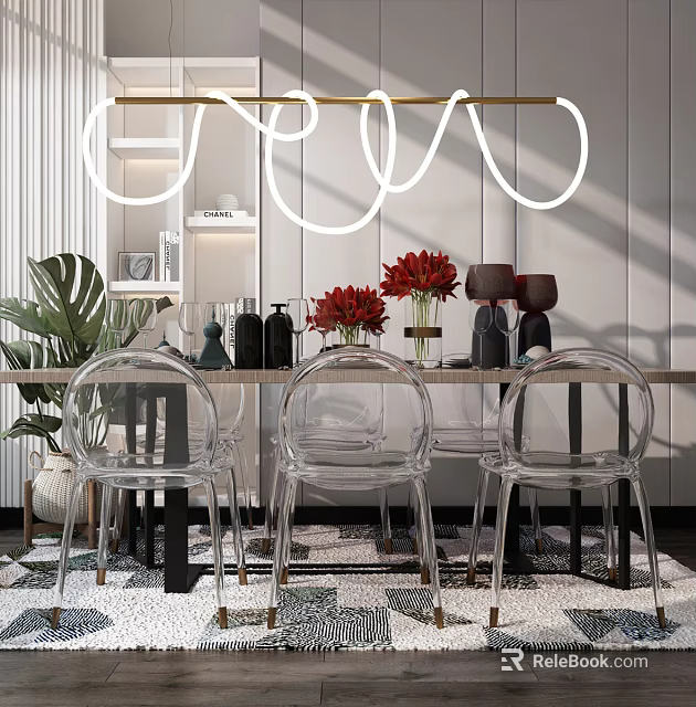 Modern Dining Table Set With Transparent Chairs Black Legs Red Floral Decor And Green Plant 3d model 