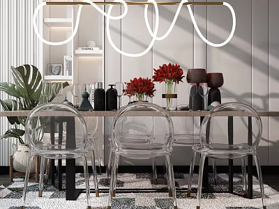Modern Dining Table Set With Transparent Chairs Black Legs Red Floral Decor And Green Plant 3d model