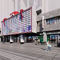 Modern International Commercial Street with Retail Stores Pedestrians and Stone Paved Walkway