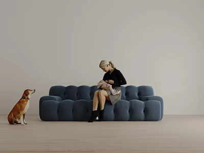 Woman Sitting On Tufted Blue Sofa Holding Baby With Dog Beside 3d model