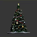 Decorative Christmas Tree With Green Branches Star Top Red Ribbons And Ornaments