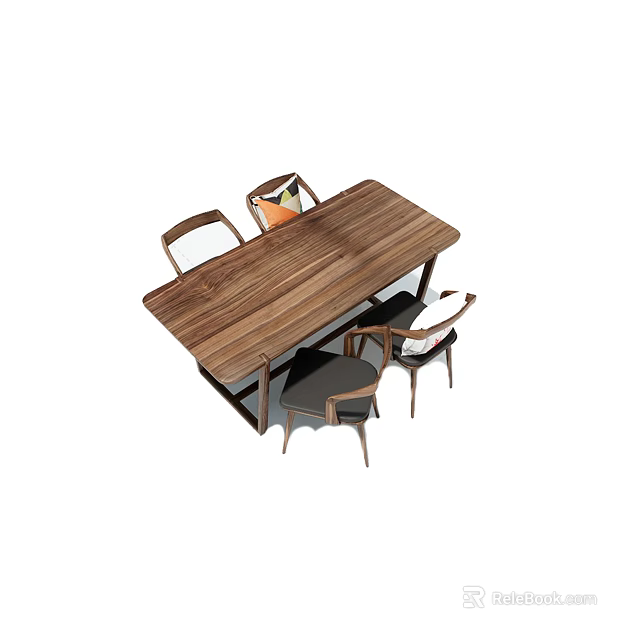 Modern Wooden Rectangular Dining Table Set With Four Chairs And Orange White Cushion 3d model