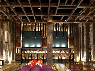 Rustic Restaurant Interior With Wooden Ceiling Pendant Lights And Cozy Bar Seating 3d model