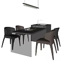 Modern Dark Wood Dining Table Set With Four Brown Leather Chairs And Hanging Pendant Light