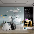 Kids Room with Blue Walls Cloud Rain Star Hello Bed Baymax Plush Desk Chair Blackboard