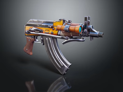 Metallic and Orange Tactical Rifle With Wooden Grip Magazine And Muzzle Attachment 3d model