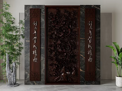 Chinese Style Carved Wooden Background Wall With Intricate Patterns And Side Inscriptions 3d model