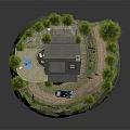 Log Cabin Architecture Surrounded By Pine Trees With Driveway And Cars On Rocky Base