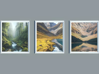 Sunlit Scenic Landscape Paintings With Forest Stream Valley Lake Mountain And Green Meadow 3d model