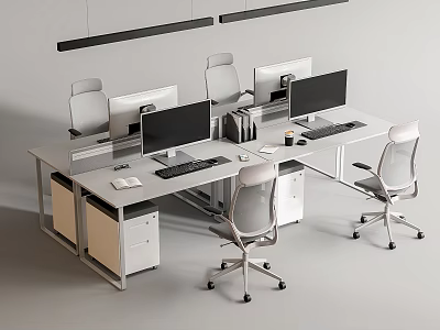 Modern Office Desk Setup With Computers Office Chairs Drawers And Pendant Lights 3d model