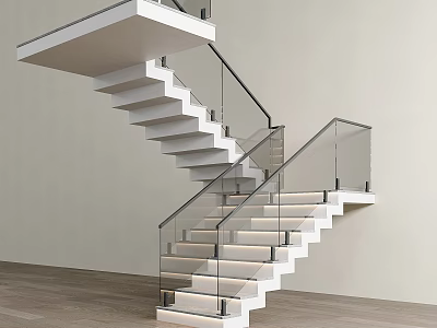 Modern Floating Interior Staircase Design With Glass Railing And White Illuminated Steps 3d model